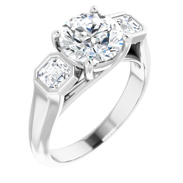 Cubic Zirconia Engagement Ring- The Alana Marie (Customizable 3-stone Cathedral Round Cut Design with Twin Asscher Cut Side Stones)