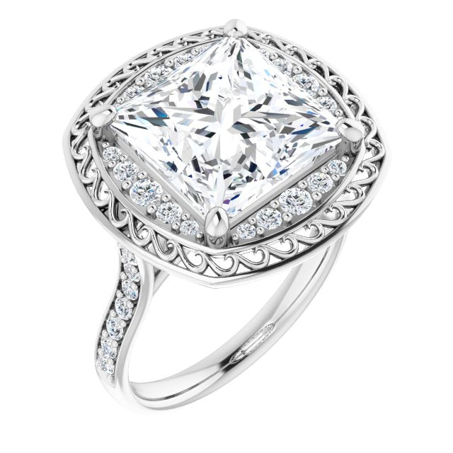 10K White Gold Customizable Cathedral-style Princess/Square Cut featuring Cluster Accented Filigree Setting & Shared Prong Band