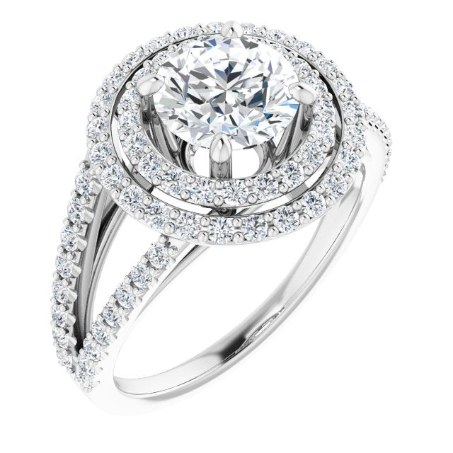 10K White Gold Customizable Round Cut Design with Double Halo and Wide Split-Pavé Band
