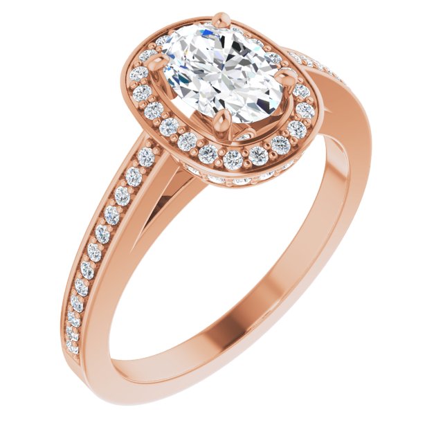 10K Rose Gold Customizable Cathedral-set Oval Cut Design with Halo, Thin Pavé Band & Round-Bezel Peekaboos