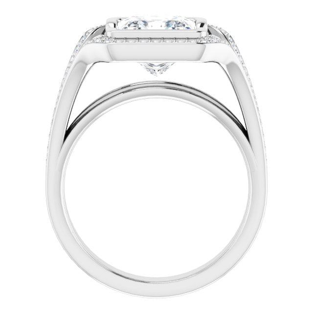 Cubic Zirconia Engagement Ring- The Paola (Customizable Cathedral-Bezel Princess/Square Cut Design with Wide Triple-Split-Pavé Band)