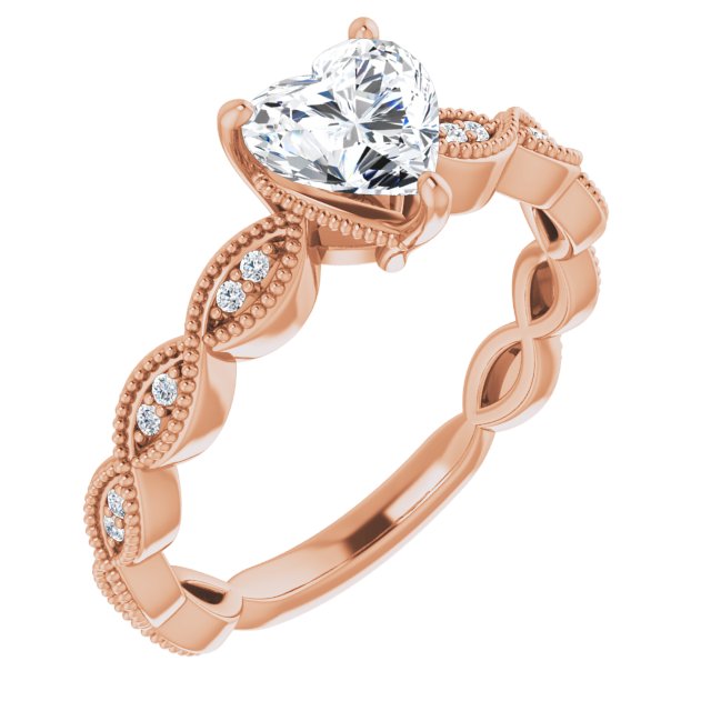 10K Rose Gold Customizable Heart Cut Artisan Design with Scalloped, Round-Accented Band and Milgrain Detail