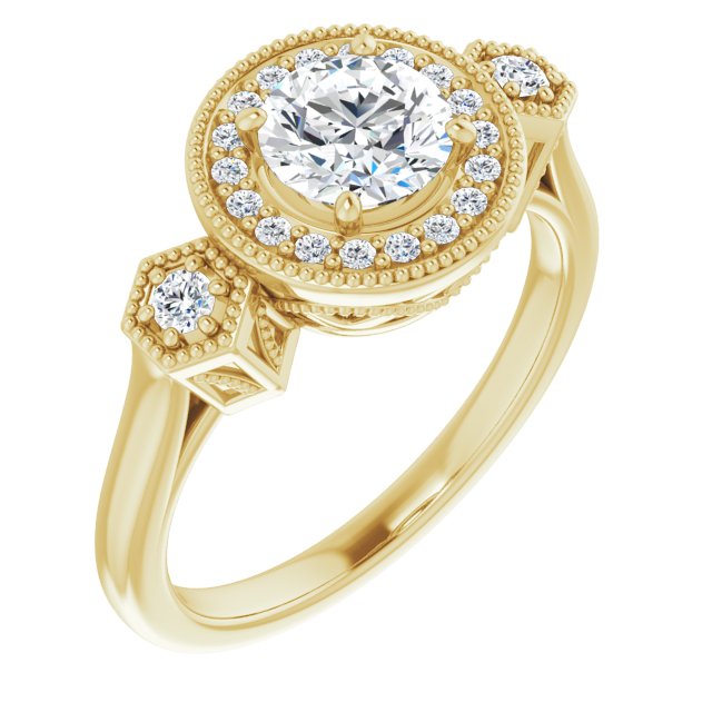 10K Yellow Gold Customizable Cathedral Round Cut Design with Halo and Delicate Milgrain