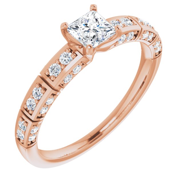10K Rose Gold Customizable Princess/Square Cut Style with Three-sided, Segmented Shared Prong Band