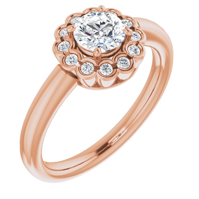 10K Rose Gold Customizable 13-stone Round Cut Design with Floral-Halo Round Bezel Accents