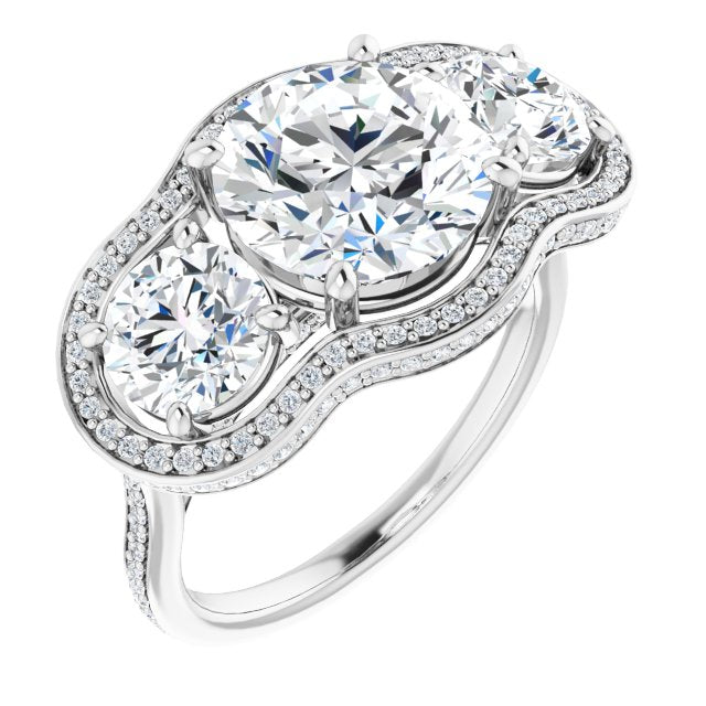 10K White Gold Customizable 3-stone Round Cut Design with Multi-Halo Enhancement and 150+-stone Pavé Band