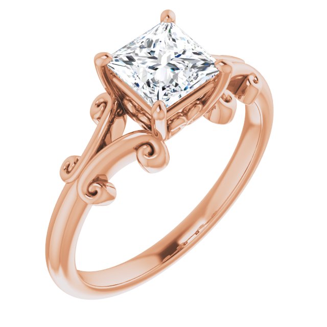 10K Rose Gold Customizable Princess/Square Cut Solitaire with Band Flourish and Decorative Trellis