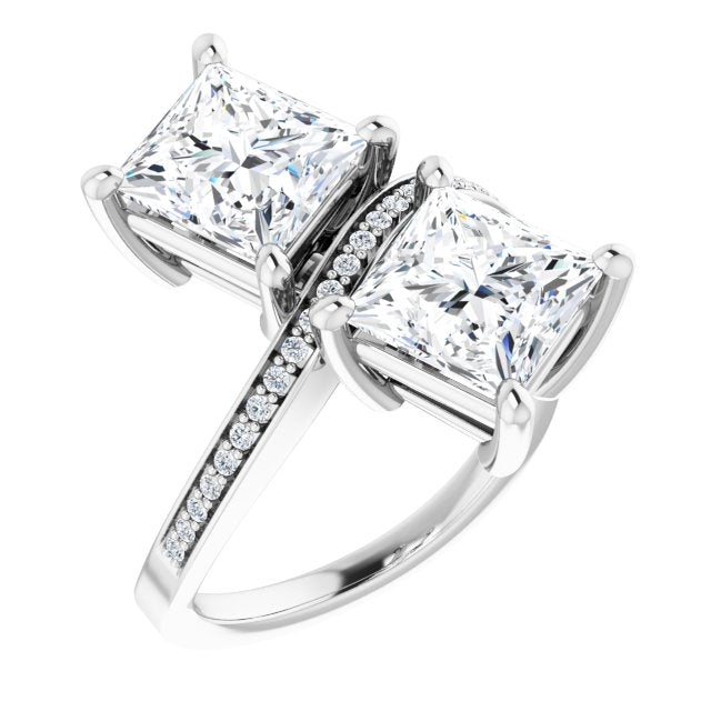 10K White Gold Customizable 2-stone Princess/Square Cut Bypass Design with Thin Twisting Shared Prong Band