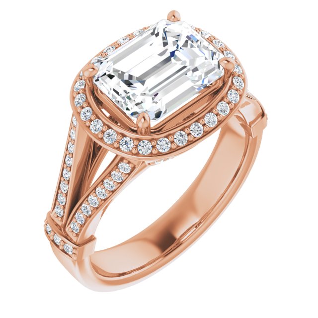 10K Rose Gold Customizable Emerald/Radiant Cut Setting with Halo, Under-Halo Trellis Accents and Accented Split Band