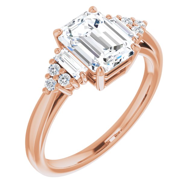 Cubic Zirconia Engagement Ring- The Barb (Customizable 9-stone Design with Emerald Cut Center, Side Baguettes and Tri-Cluster Round Accents)