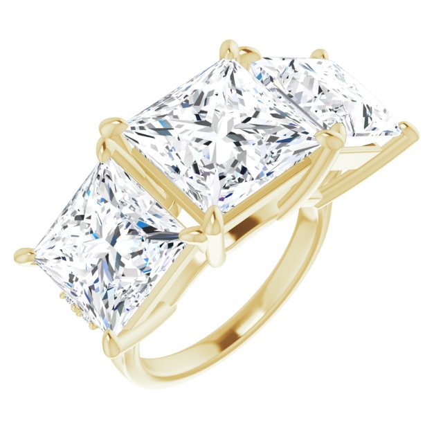 10K Yellow Gold Customizable Triple Princess/Square Cut Design with Quad Vertical-Oriented Round Accents