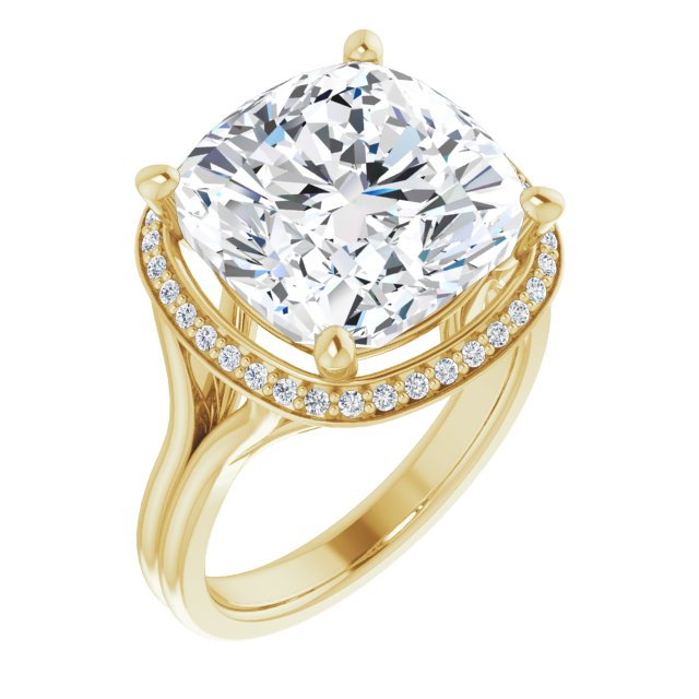 14K Yellow Gold Customizable Cathedral-set Cushion Cut Design with Split-band & Halo Accents