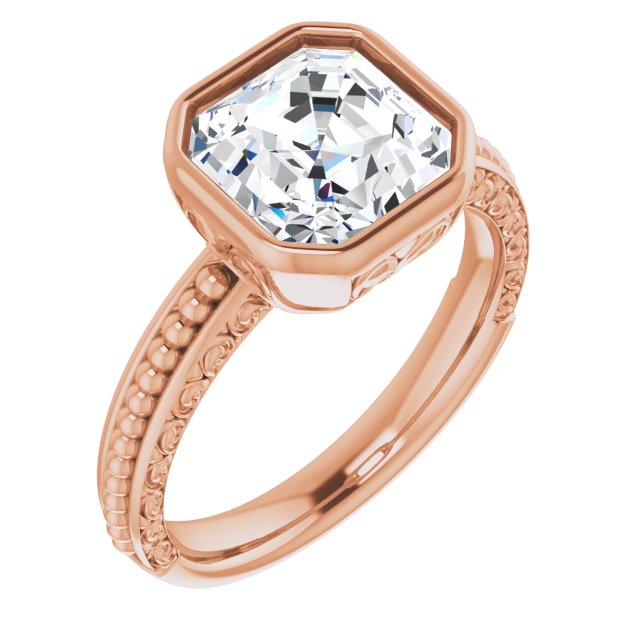 10K Rose Gold Customizable Bezel-set Asscher Cut Solitaire with Beaded and Carved Three-sided Band