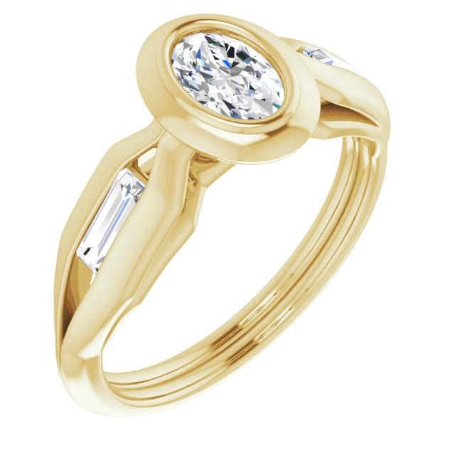 10K Yellow Gold Customizable Bezel-set Oval Cut Design with Wide Split Band & Tension-Channel Baguette Accents