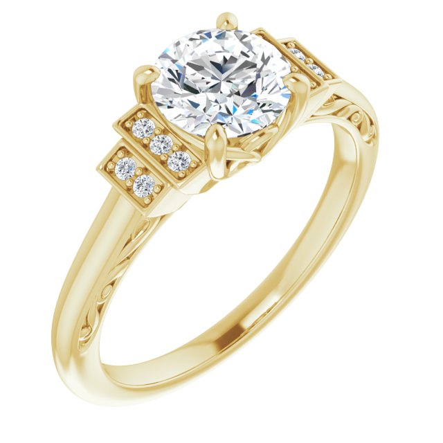 10K Yellow Gold Customizable Engraved Design with Round Cut Center and Perpendicular Band Accents