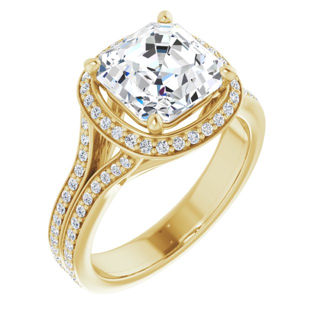 10K Yellow Gold Customizable Cathedral-raised Asscher Cut Setting with Halo and Shared Prong Band