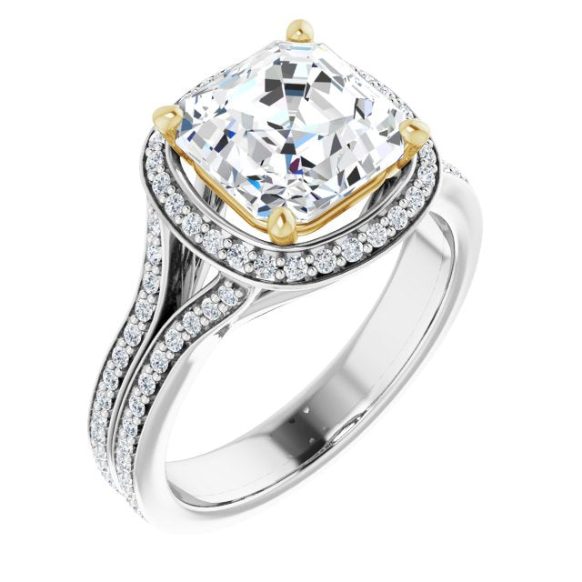 14K White & Yellow Gold Customizable Cathedral-raised Asscher Cut Setting with Halo and Shared Prong Band
