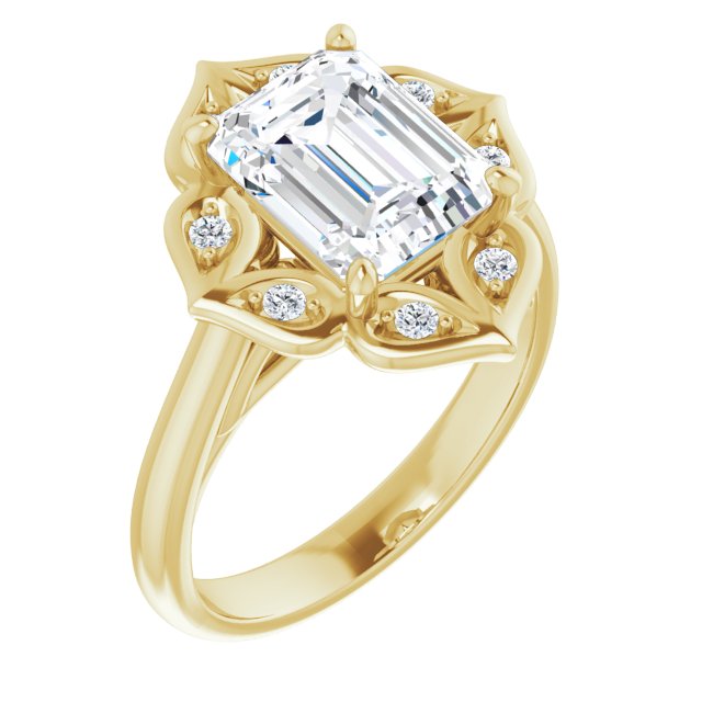 10K Yellow Gold Customizable Cathedral-raised Emerald/Radiant Cut Design with Star Halo & Round-Bezel Peekaboo Accents