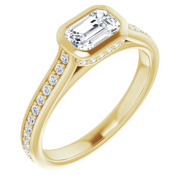 10K Yellow Gold Customizable Cathedral-Bezel Emerald/Radiant Cut Design with Under Halo and Shared Prong Band