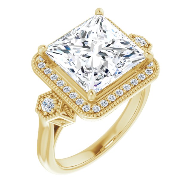 10K Yellow Gold Customizable Cathedral Princess/Square Cut Design with Halo and Delicate Milgrain