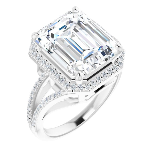 10K White Gold Customizable Emerald/Radiant Cut Vintage Design with Halo Style and Asymmetrical Split-Pavé Band