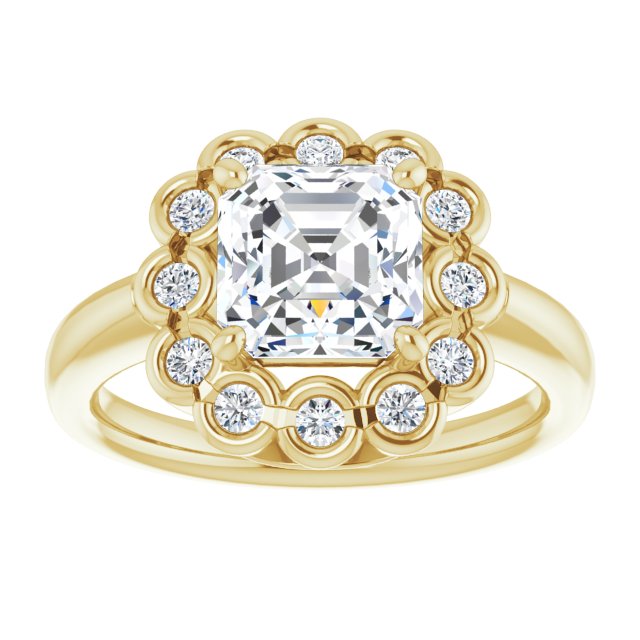 Cubic Zirconia Engagement Ring- The Aabha (Customizable 13-stone Asscher Cut Design with Floral-Halo Round Bezel Accents)