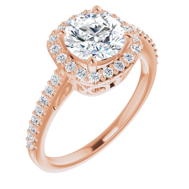 10K Rose Gold Customizable Cathedral-Crown Round Cut Design with Halo and Accented Band