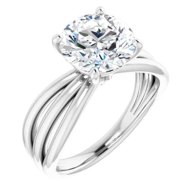 14K White Gold Customizable Round Cut Solitaire Design with Wide, Ribboned Split-band