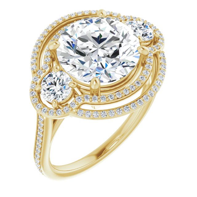 10K Yellow Gold Customizable Enhanced 3-stone Double-Halo Style with Round Cut Center and Thin Band