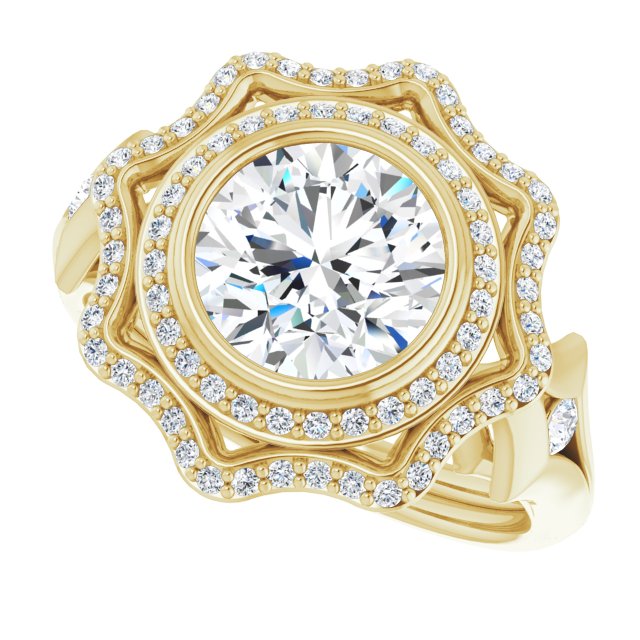 Cubic Zirconia Engagement Ring- The Cyra (Customizable Cathedral-bezel Round Cut Design with Floral Double Halo and Channel-Accented Split Band)