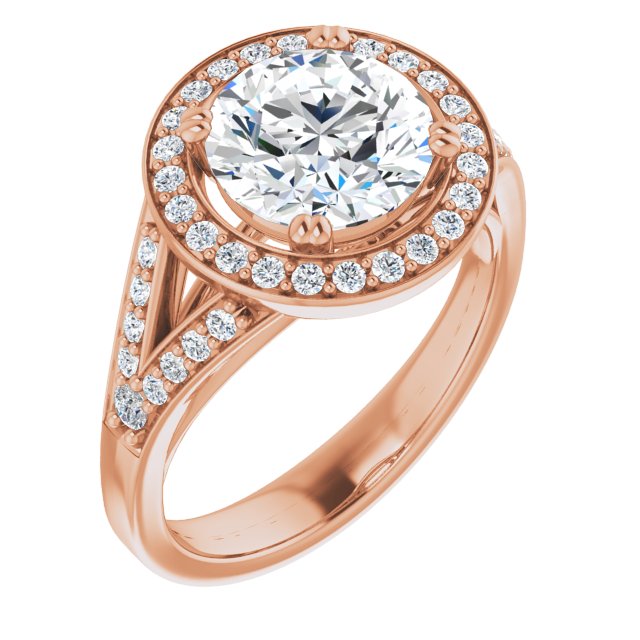 14K Rose Gold Customizable Cathedral-set Round Cut Style with Accented Split Band and Halo