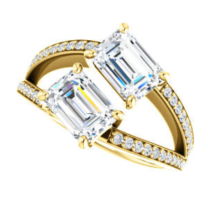 Cubic Zirconia Engagement Ring- The Valentina (Customizable 2-stone Double Emerald Cut Design with Wide Split-Pavé Band)