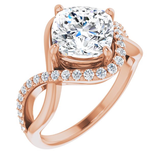 10K Rose Gold Customizable Cushion Cut Design with Semi-Accented Twisting Infinity Bypass Split Band and Half-Halo