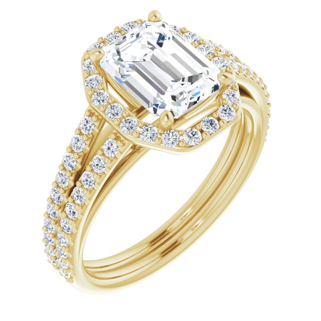 Cubic Zirconia Engagement Ring- The Danieela (Customizable Cathedral Emerald Cut Design with Geometric Halo & Split Pavé Band)