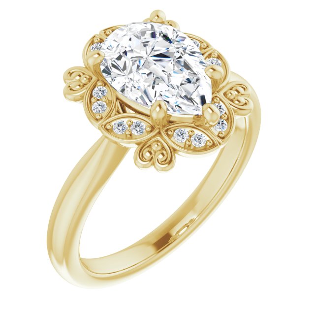 Cubic Zirconia Engagement Ring- The Hé Zhang (Customizable Pear Cut Design with Floral Segmented Halo & Sculptural Basket)