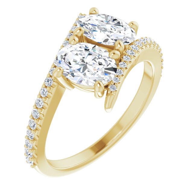 10K Yellow Gold Customizable Double Oval Cut 2-stone Design with Ultra-thin Bypass Band and Pavé Enhancement