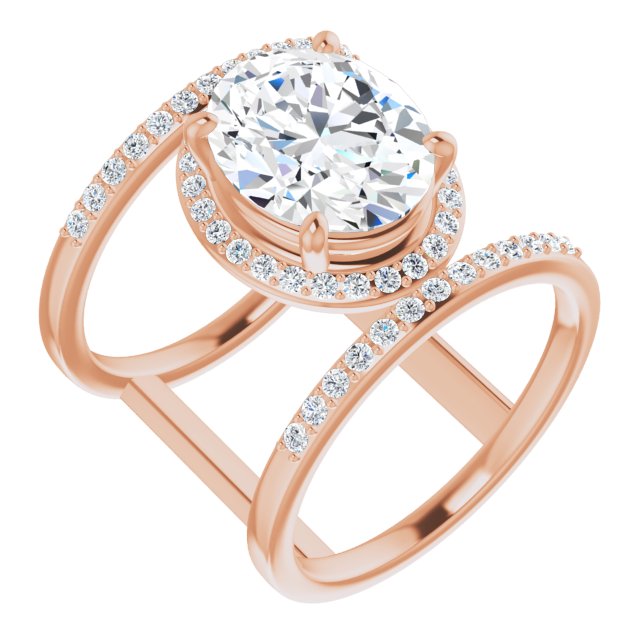 10K Rose Gold Customizable Oval Cut Halo Design with Open, Ultrawide Harness Double Pavé Band