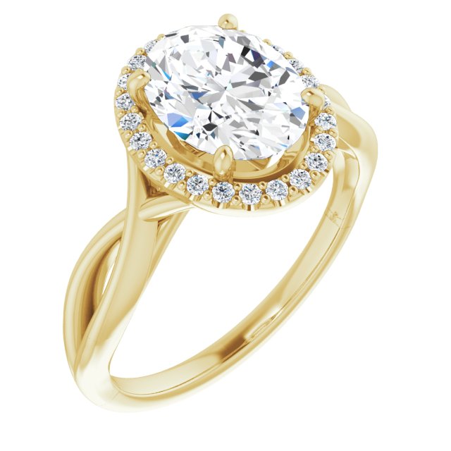 10K Yellow Gold Customizable Cathedral-Halo Oval Cut Design with Twisting Split Band