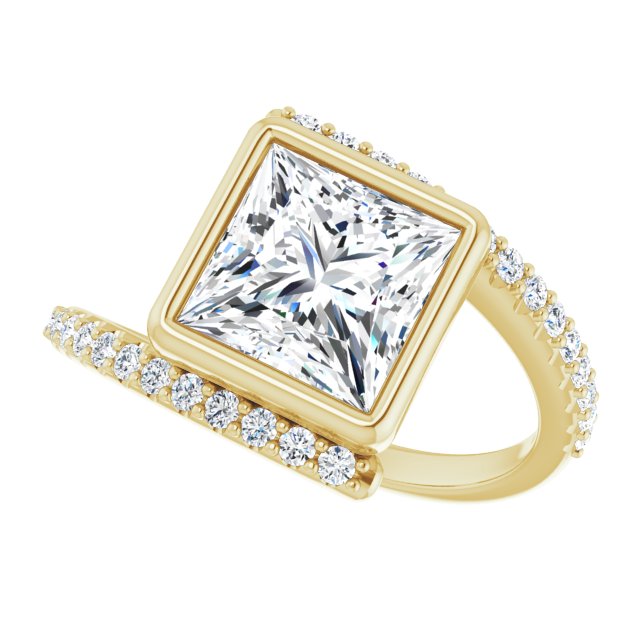Cubic Zirconia Engagement Ring- The Pocahontas (Customizable Bezel-set Princess/Square Cut Design with Bypass Pavé Band)