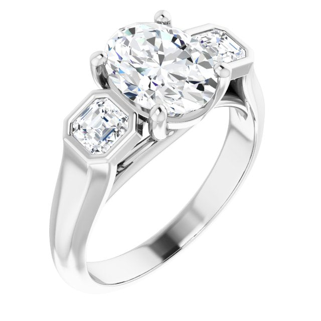 10K White Gold Customizable 3-stone Cathedral Oval Cut Design with Twin Asscher Cut Side Stones