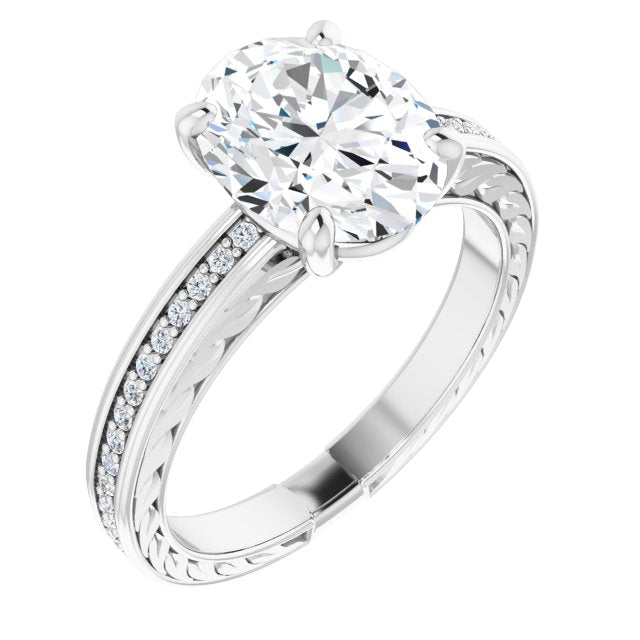 10K White Gold Customizable Oval Cut Design with Rope-Filigree Hammered Inlay & Round Channel Accents