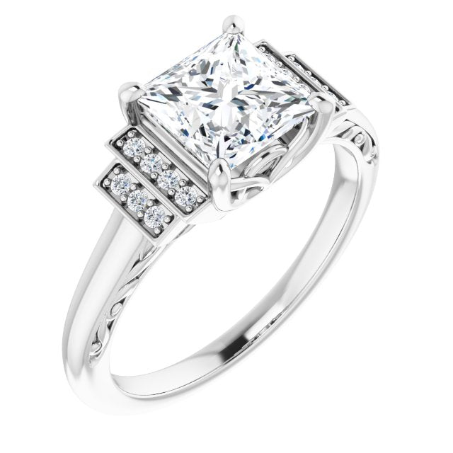 10K White Gold Customizable Engraved Design with Princess/Square Cut Center and Perpendicular Band Accents