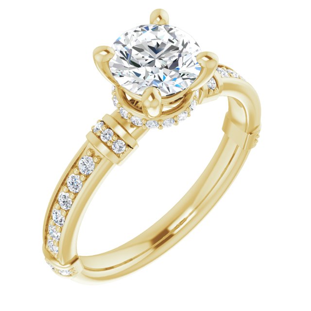 10K Yellow Gold Customizable Round Cut Style featuring Under-Halo, Shared Prong and Quad Horizontal Band Accents