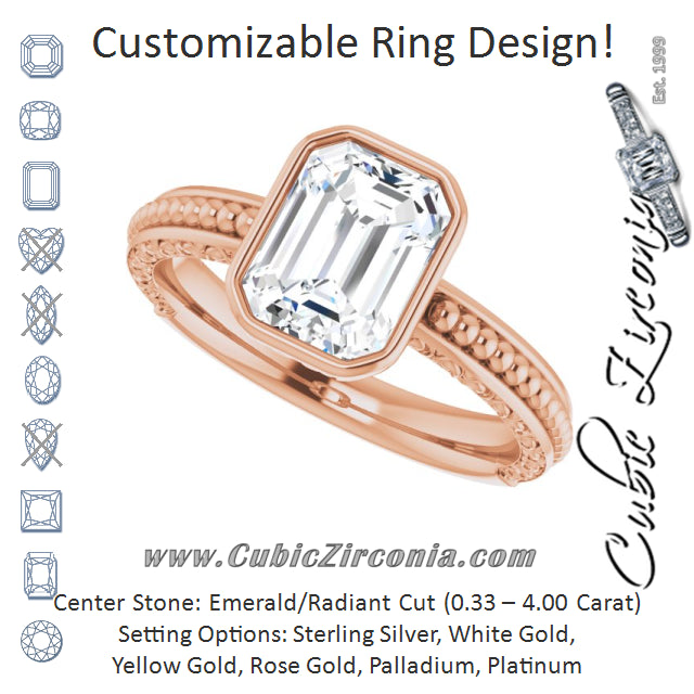 Cubic Zirconia Engagement Ring- The Cheyenne (Customizable Bezel-set Radiant Cut Solitaire with Beaded and Carved Three-sided Band)