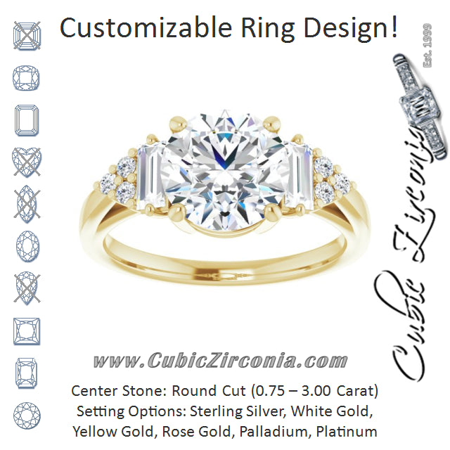 Cubic Zirconia Engagement Ring- The Barb (Customizable 9-stone Design with Round Cut Center, Side Baguettes and Tri-Cluster Round Accents)