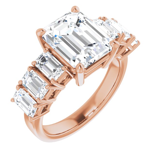 10K Rose Gold Customizable 7-stone Emerald/Radiant Cut Design with Large Round-Prong Side Stones