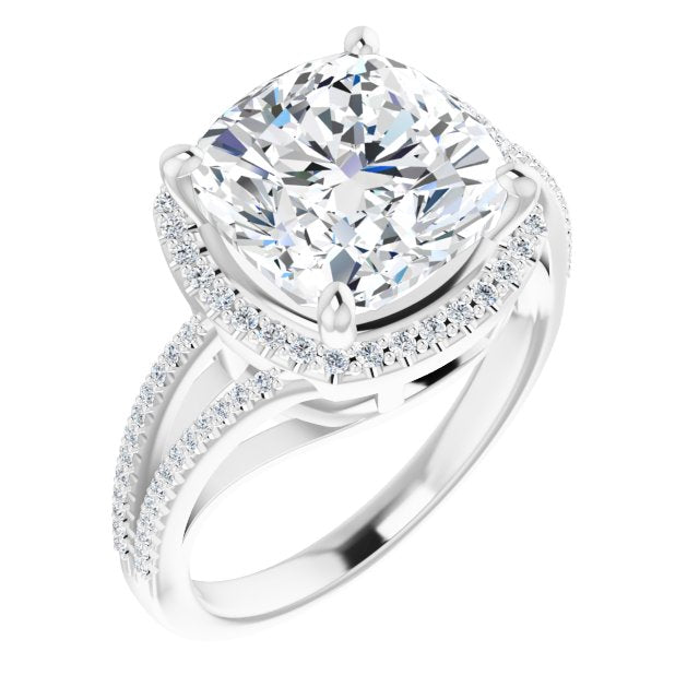 10K White Gold Customizable Cushion Cut Vintage Design with Halo Style and Asymmetrical Split-Pavé Band