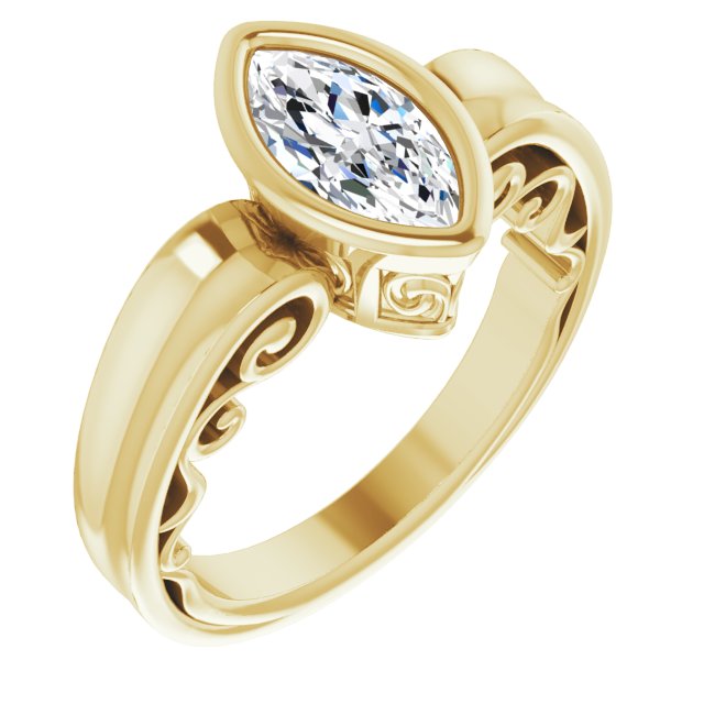 10K Yellow Gold Customizable Bezel-set Marquise Cut Solitaire with Wide 3-sided Band