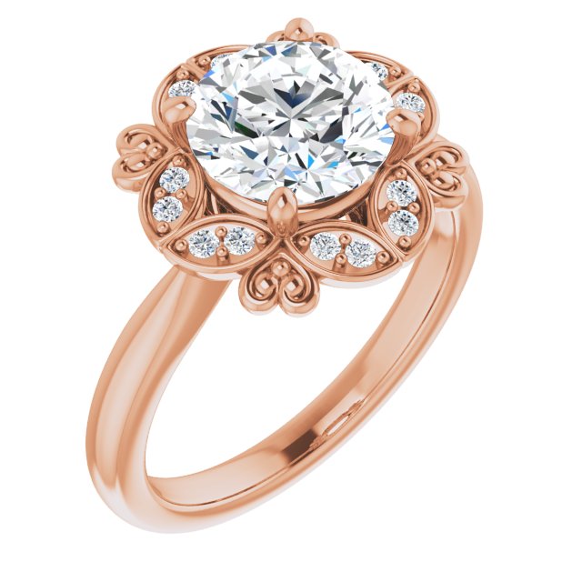 14K Rose Gold Customizable Round Cut Design with Floral Segmented Halo & Sculptural Basket