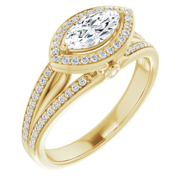 10K Yellow Gold Customizable High-set Marquise Cut Design with Halo, Wide Tri-Split Shared Prong Band and Round Bezel Peekaboo Accents